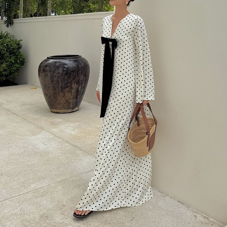 French Bow V-Neck Long Sleeve Dress Elegant Polka Dot Maxi Dress