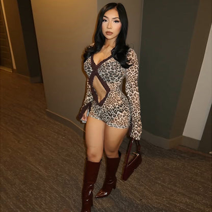 Trendy Leopard Print Bodysuit Slim Fit See-Through Jumpsuit