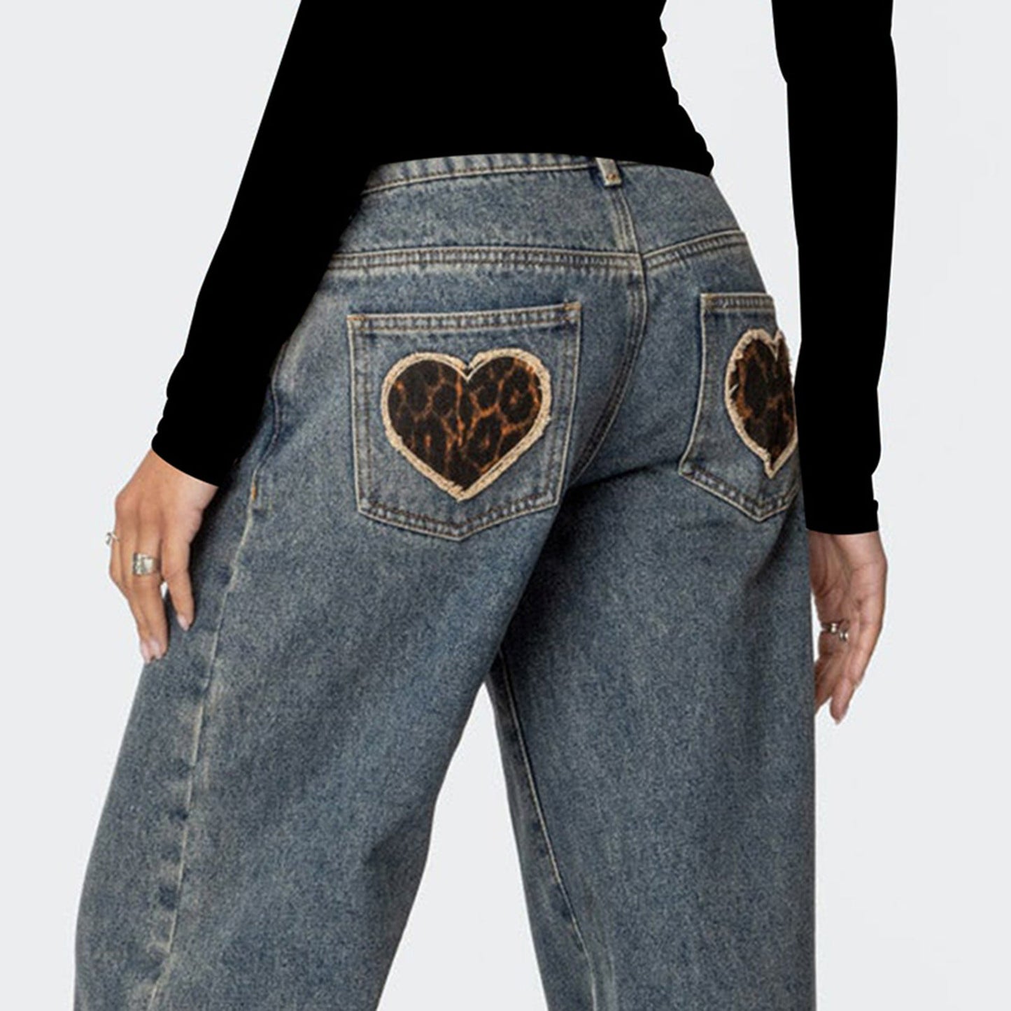 Vintage Heart Leopard Print Straight Leg Jeans