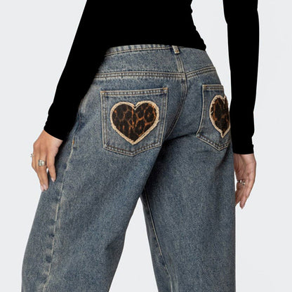 Vintage Heart Leopard Print Straight Leg Jeans
