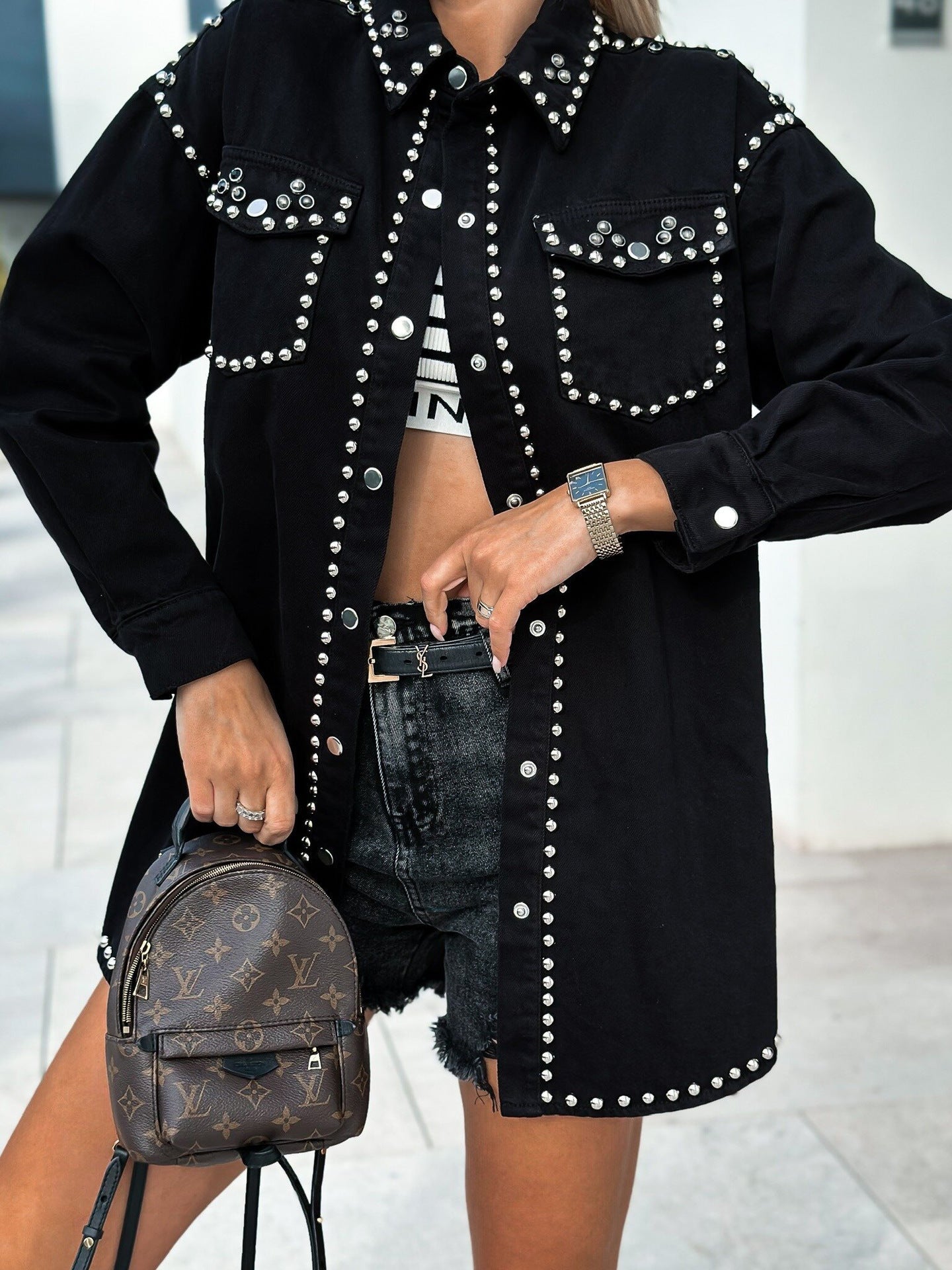 Retro Studded Loose Denim Jacket for Women