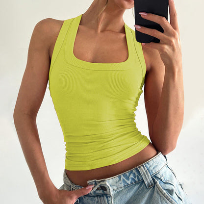 Solid Color Fitted Crop Top with U-Neck