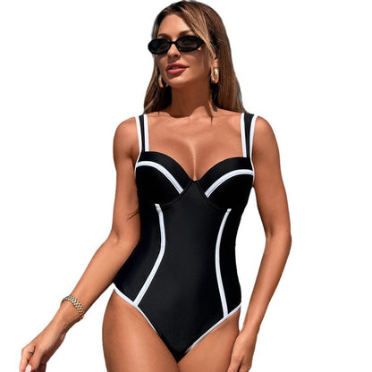 New Women'S High-Waisted Black And White Striped One-Piece Swimsuit