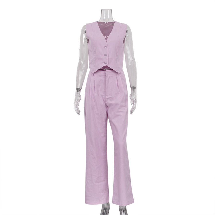 Casual Sleeveless Cotton Vest & Long Pants Set
