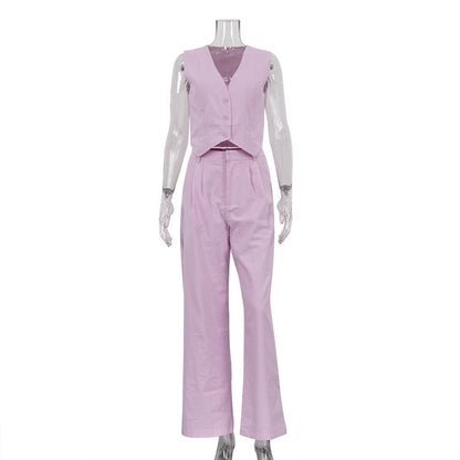 Casual Sleeveless Cotton Vest & Long Pants Set