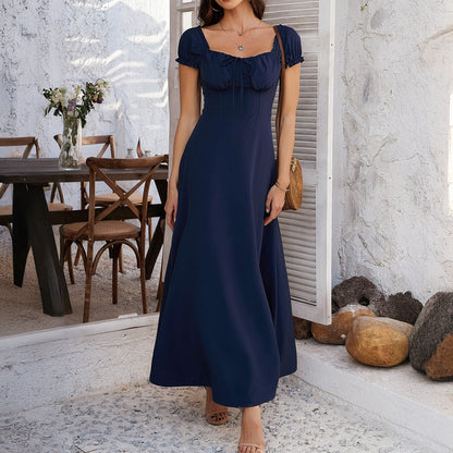 Elegant Solid Color A-Line Dress with Puff Sleeves