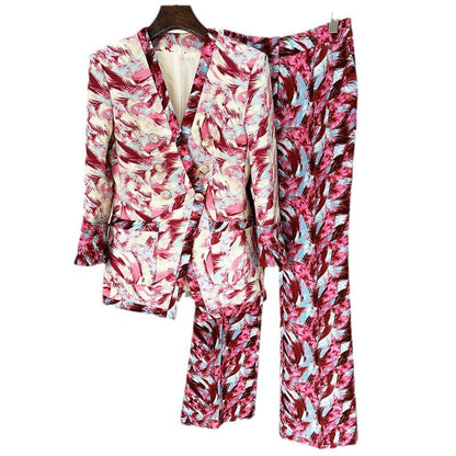 Feather Print Unlined Blazer With Wide Leg Trousers