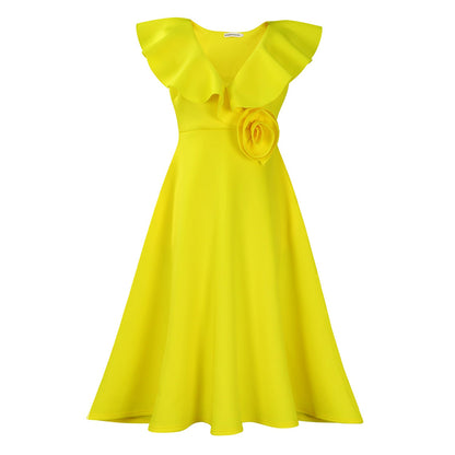 V-Neck Ruffle Floral Dress Elegant Evening Gown