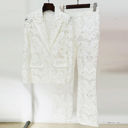 Fashionable Sheer Embroidered Blazer And Trouser Set
