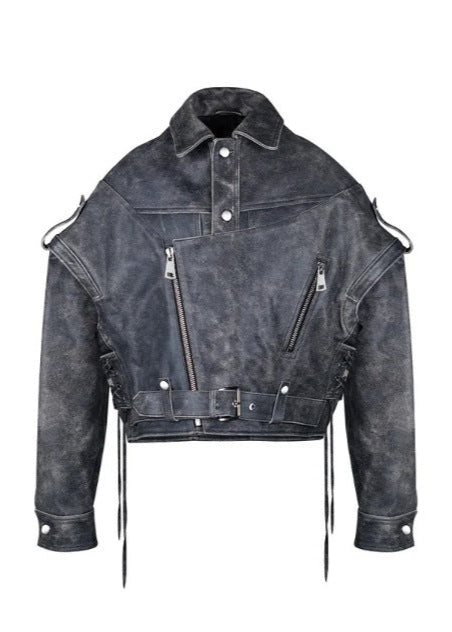Distressed Faux Leather Lace Up Biker Jacket