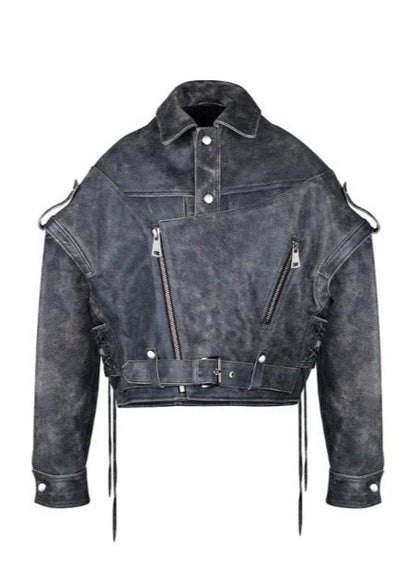 Distressed Faux Leather Lace Up Biker Jacket