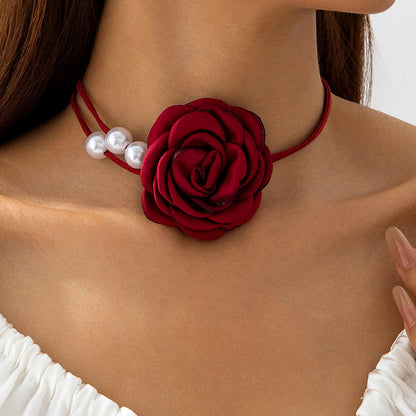 Elegant Rose Camellia Fringe Necklace With Pearl Pendant For Couples