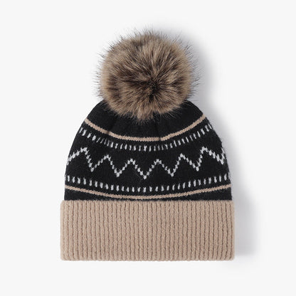 Splicing Striped Padded Knit Pom Beanie
