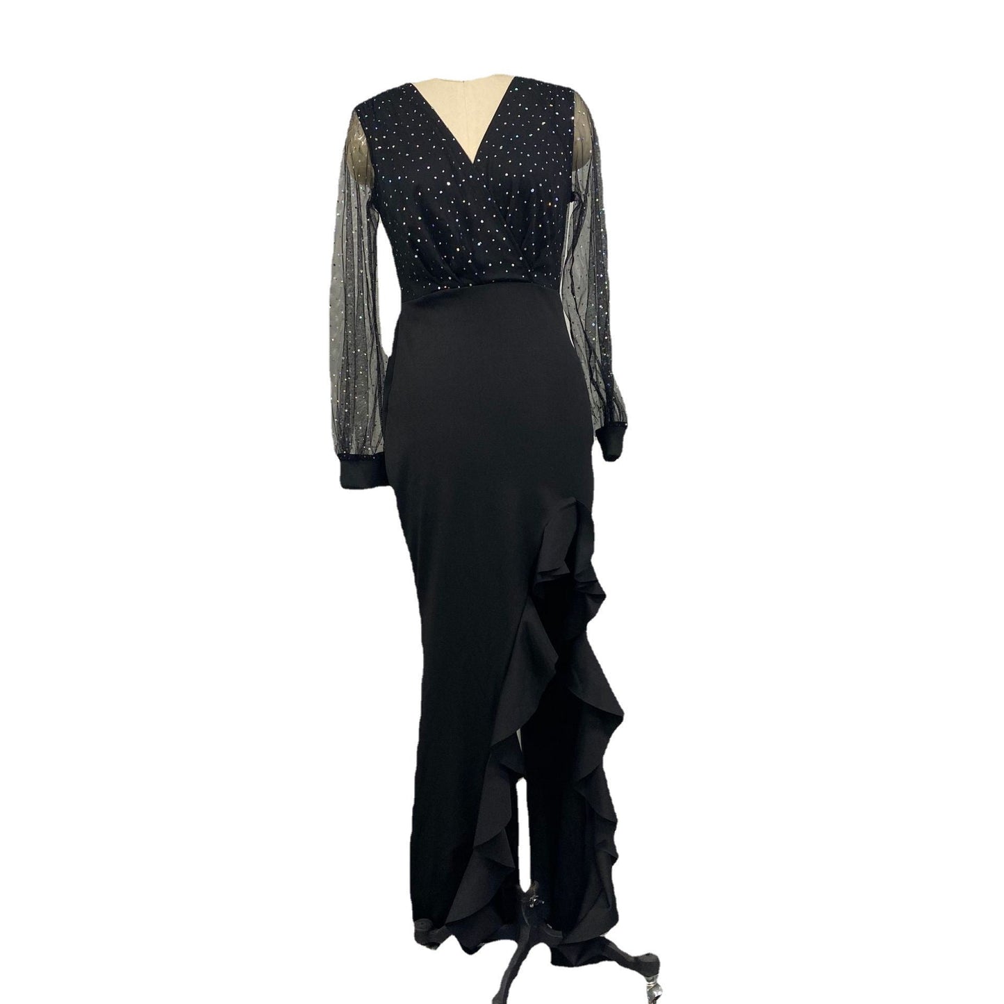 Elegant Black Midi Dress With Sheer Sequin Overlay