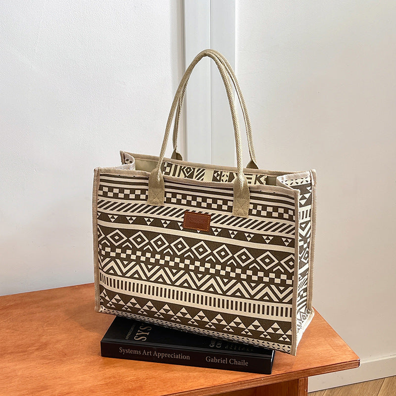 Geometric Canvas Tote Bag Durable Zipper Shoulder Bag