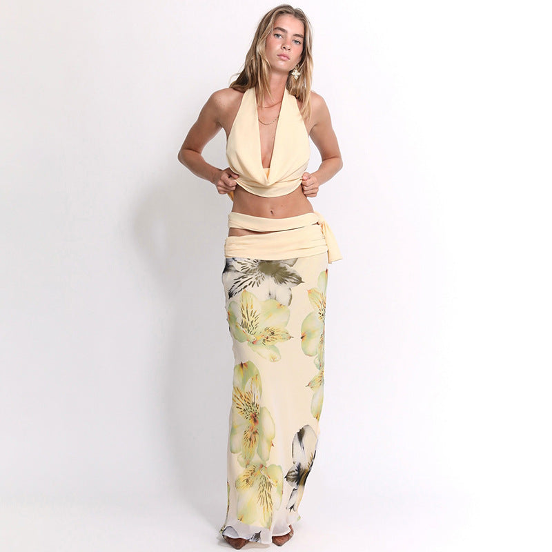 Trendy Sexy Backless Halter Top & Long Skirt Set