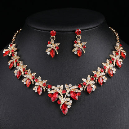 Dragonfly Jewelry Set - Alloy And Crystal Earrings And Necklace