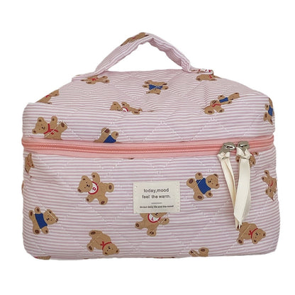 Cute Pink Striped Bear Makeup Bag Portable Cartoon Toiletry Pouch