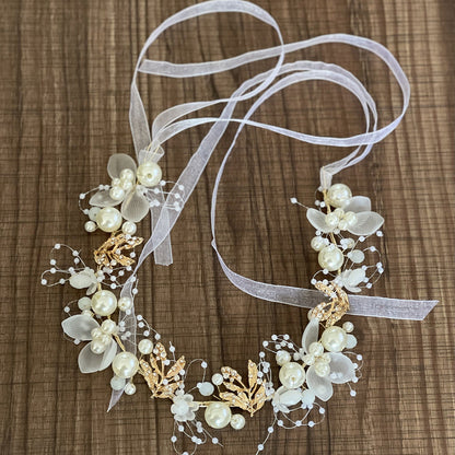 Bridal Pearl Flower Headband with Gold Leaf Accents