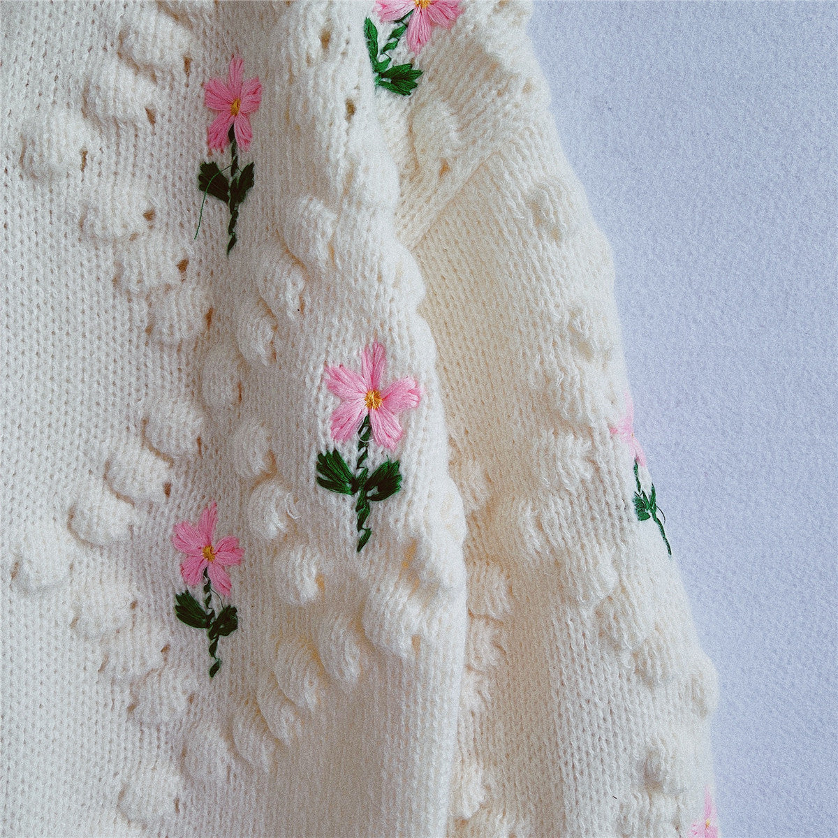 Floral Embroidery Crochet Pearl Button Knit Cardigan