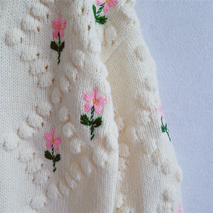 Floral Embroidery Crochet Pearl Button Knit Cardigan