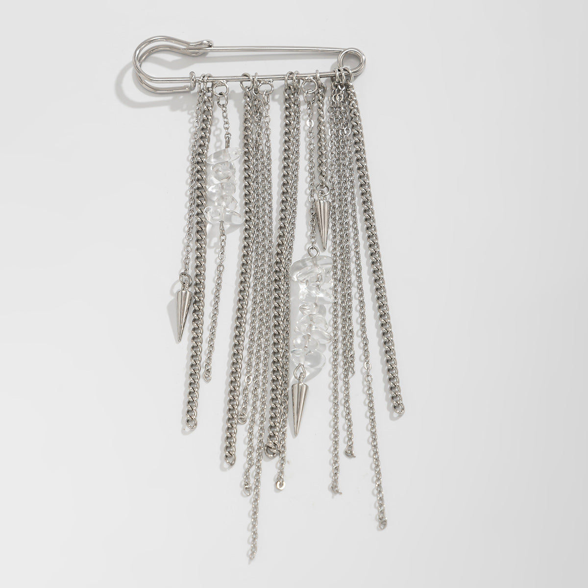 Trendy Metal Chain Tassel Brooch Pin With Stone Detail