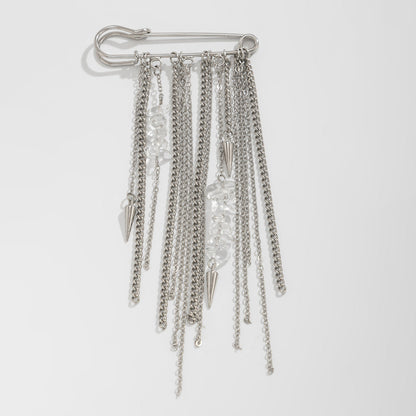 Trendy Metal Chain Tassel Brooch Pin With Stone Detail