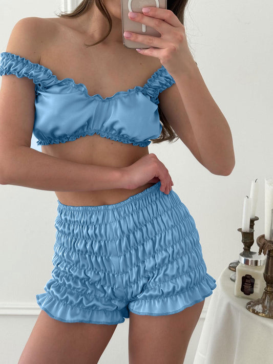 3 Pcs Sexy Satin V-Neck Pleated Pajamas Set