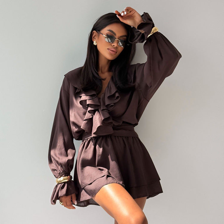 Elegant French Style Ruffle V-Neck Short Dress