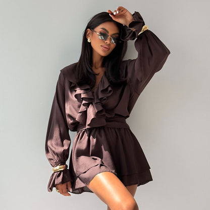 Elegant French Style Ruffle V-Neck Short Dress