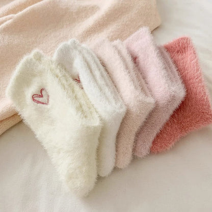 Cute Heart Embroidery Fuzzy Plush Socks
