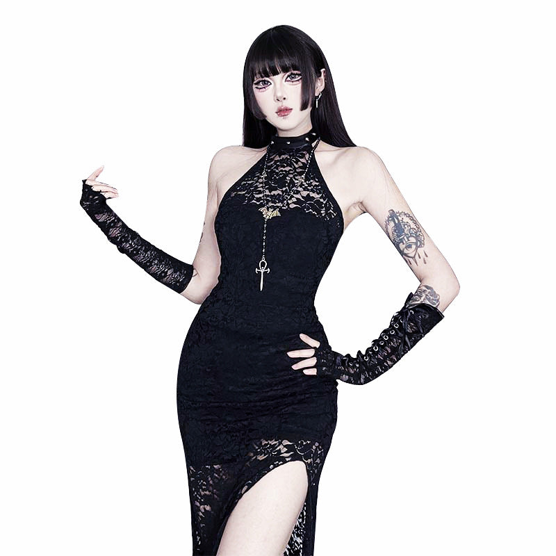 Black Lace Halter Maxi Dress Sexy Streetwear