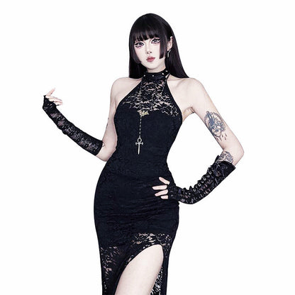 Black Lace Halter Maxi Dress Sexy Streetwear