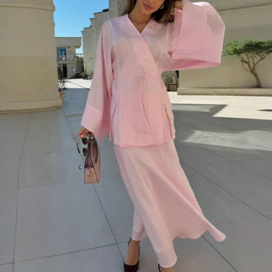 Trendy Casual Long Sleeve Dress Set With Ties