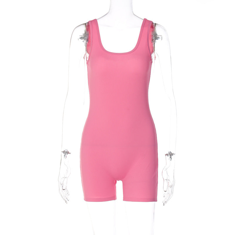 Fashionable Solid Color U-Neck Slim-Fit Jumpsuit