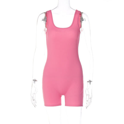 Fashionable Solid Color U-Neck Slim-Fit Jumpsuit