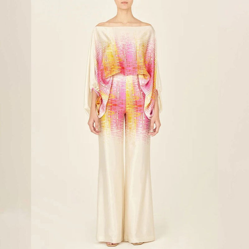Elegant Batwing Sleeve Printed Two-Piece Set