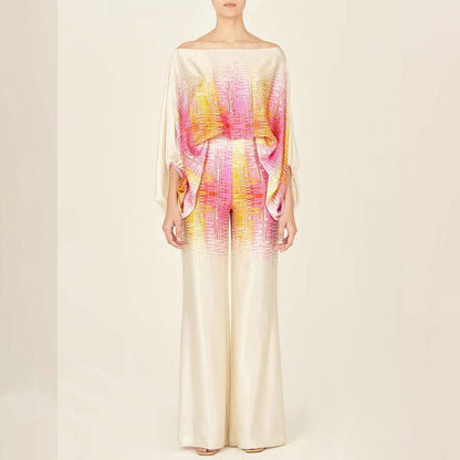 Elegant Batwing Sleeve Printed Two-Piece Set