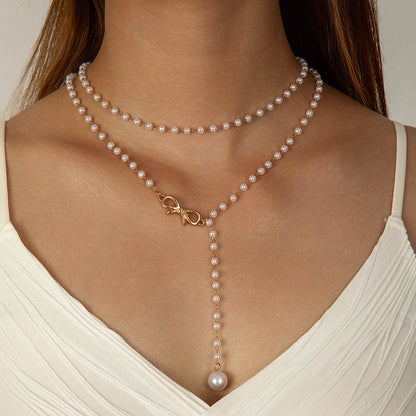 Fashionable Vintage Geometric Bead Necklace With Pearl Layered Design