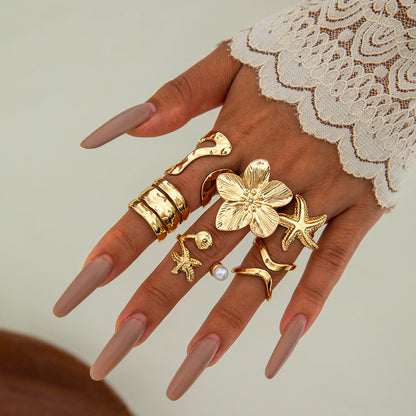 Bohemian Pearl Flower Ring Set Alloy Plating Metal Rings