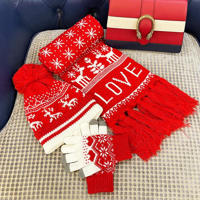 Christmas Knitted Hat Jacquard Scarf Touch Screen Gloves Three-Piece Gift