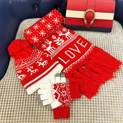Christmas Knitted Hat Jacquard Scarf Touch Screen Gloves Three-Piece Gift