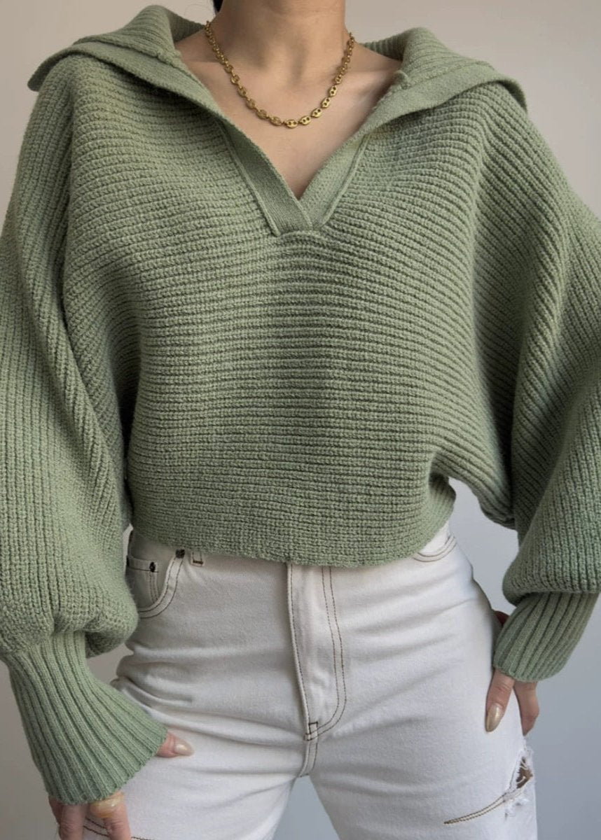 Ribbed Knit Sweater With Structured Collar