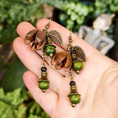 Bohemian Floral-Inspired Alloy Earrings with Unique Wood Bead Design