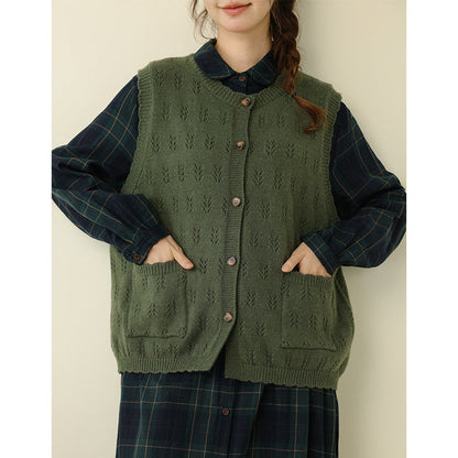 Solid Color Crochet Knit Vest Sweater Casual Layering Cardigan