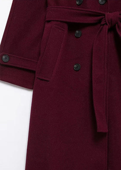Double Breasted Belted Trench Coat Burgundy Fabric