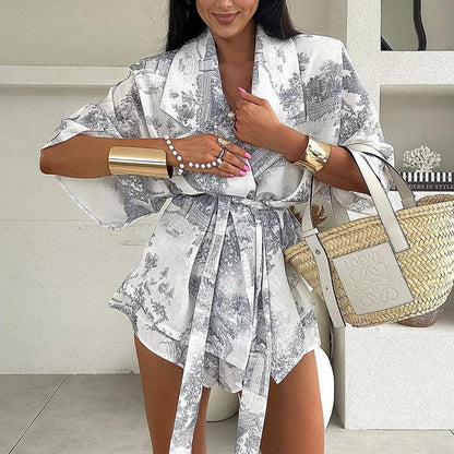 Trendy Casual Floral Print Two-Piece Set with Tie Detail
