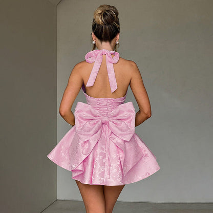 Elegant Bow Tie Halter Dress Slim Fit Polyester Blend