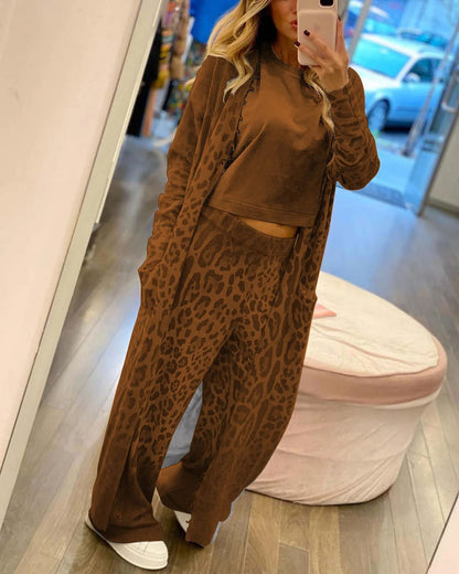 Leopard Print Long Sleeve Cardigan Set with Pants