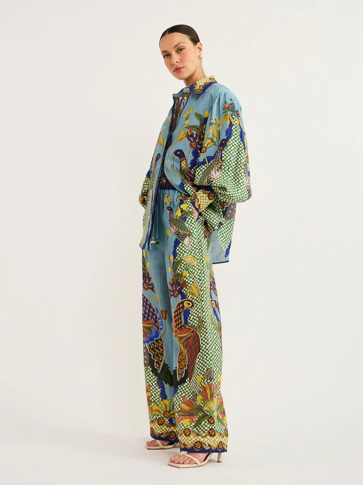 Trendy Animal Print Puff Sleeve Linen Two-Piece Set